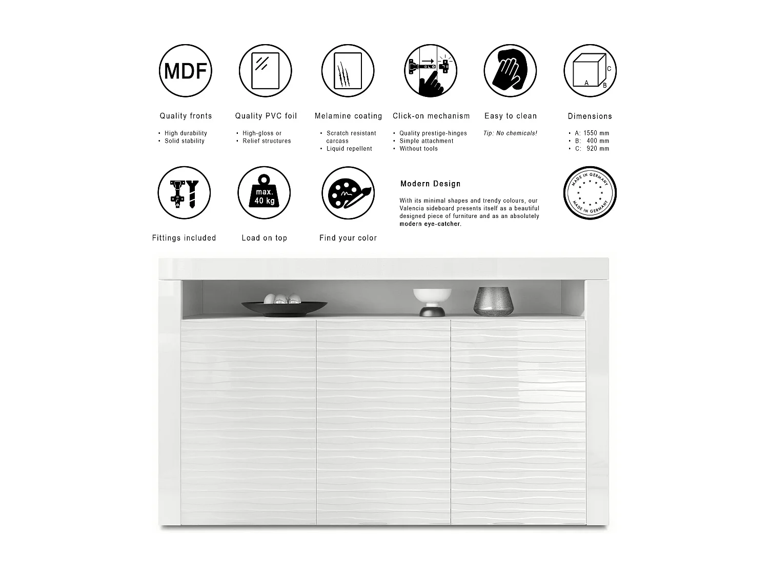 SIDEBOARD Valencia Fronten in Weiß Hochglanz Harmony mit 3D Struktur