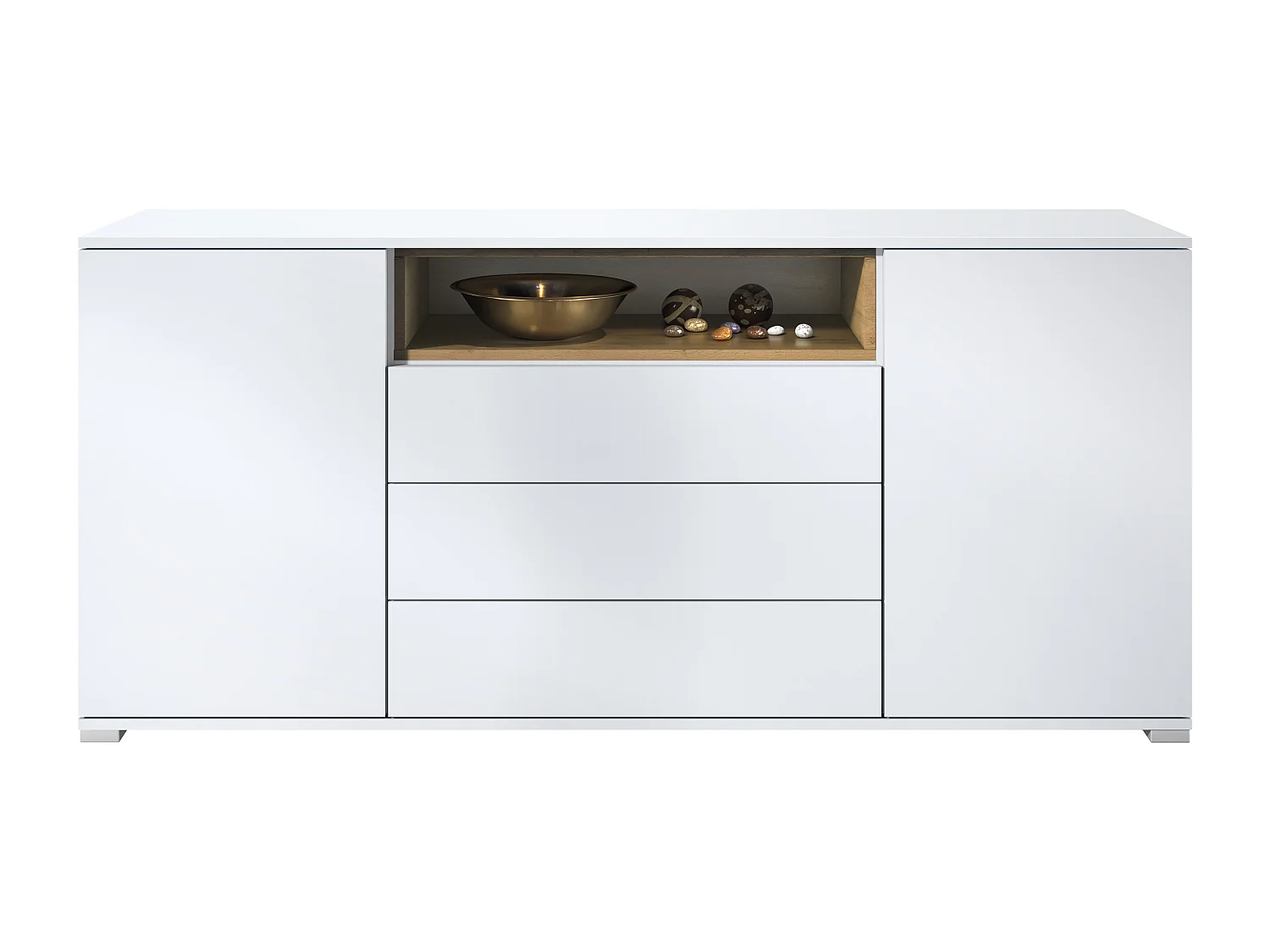 Skadu V4 Buffet, Commode avec 2 portes, 3 tiroirs et 1 compartiment ouvert, blanc mat/Chêne Evoke (166,5 x 75,5 x 35 cm)