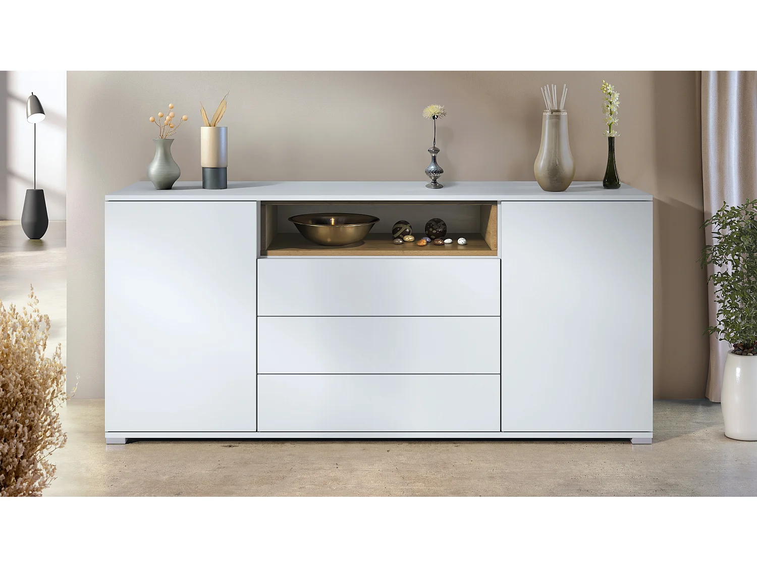 Skadu V4 Buffet, Commode avec 2 portes, 3 tiroirs et 1 compartiment ouvert, blanc mat/Chêne Evoke (166,5 x 75,5 x 35 cm)