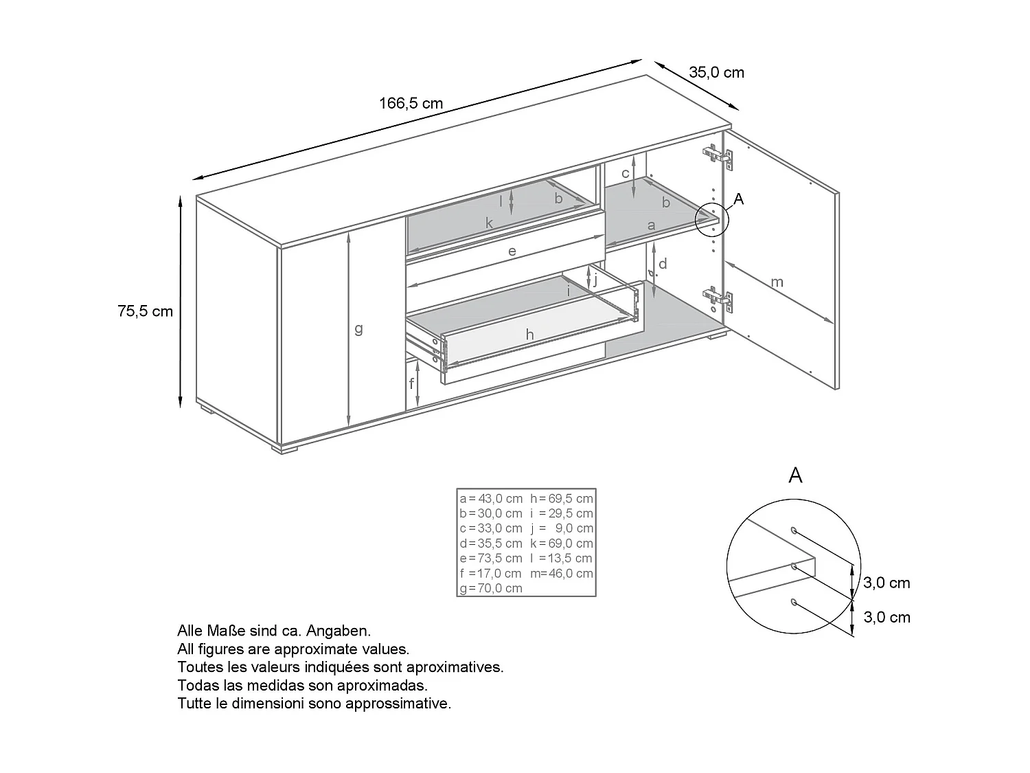 Skadu V4 Buffet, Commode avec 2 portes, 3 tiroirs et 1 compartiment ouvert, blanc mat/Chêne Evoke (166,5 x 75,5 x 35 cm)