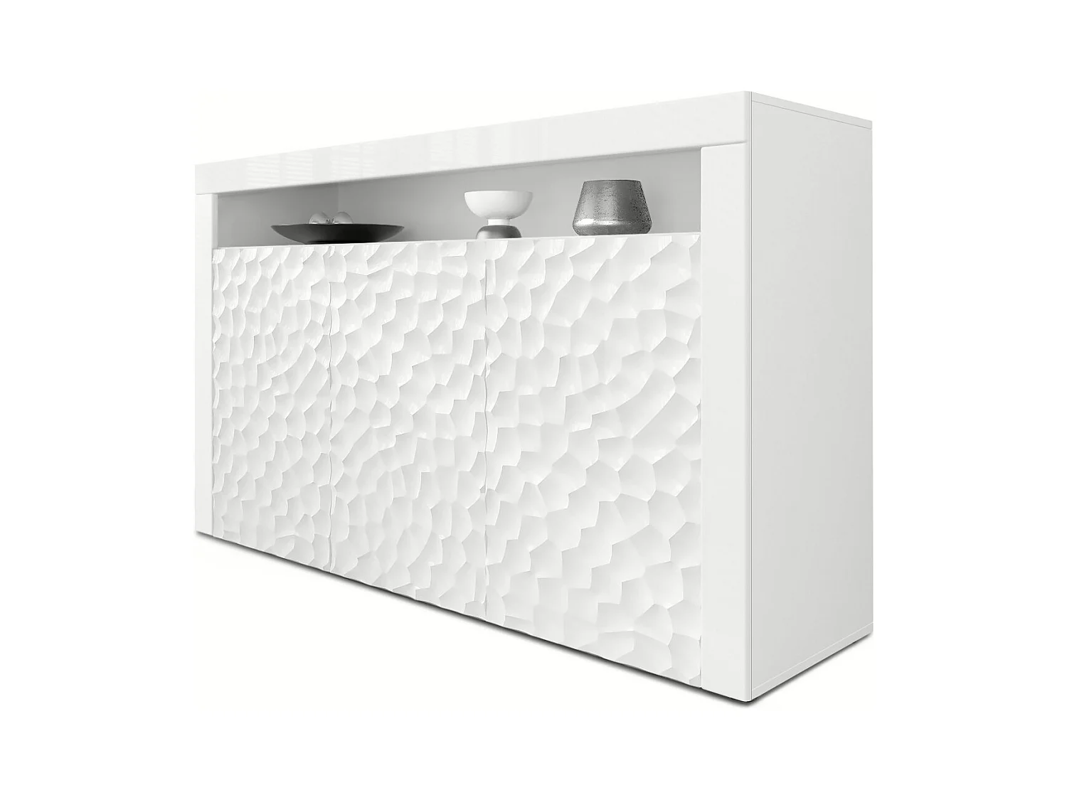 Buffet Valencia, Commode avec 3 portes et 1 compartiment ouvert, Blanc mat/Blanc brillant Calypso structure 3D/Blanc brillant (155 x 92 x 40 cm)