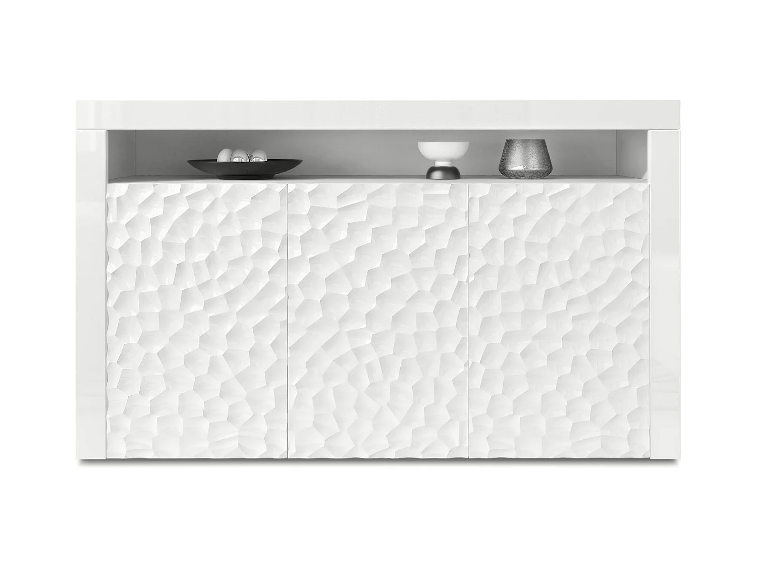 Buffet Valencia, Commode avec 3 portes et 1 compartiment ouvert, Blanc mat/Blanc brillant Calypso structure 3D/Blanc brillant (155 x 92 x 40 cm)
