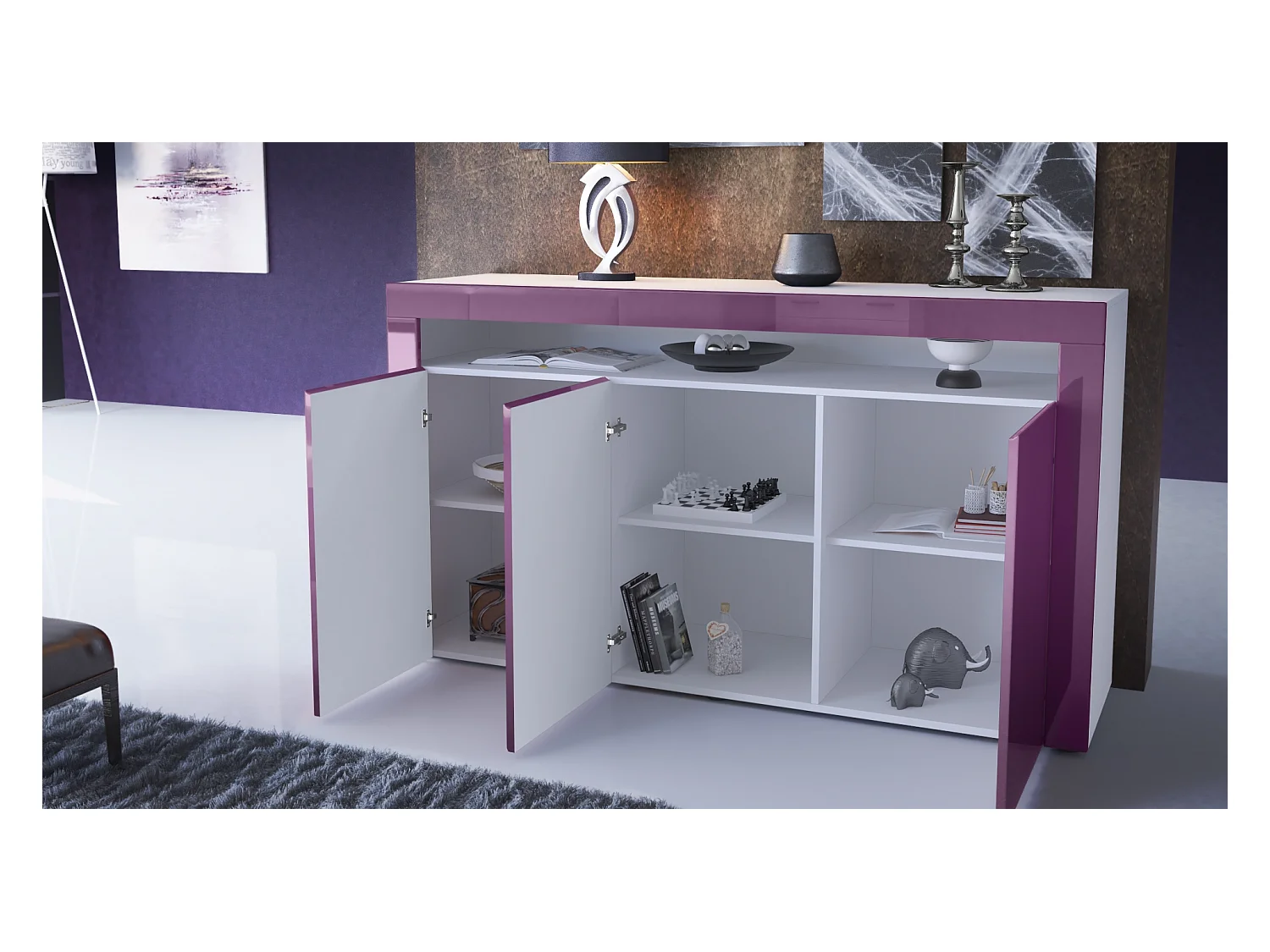 Buffet Valencia, Commode avec 3 portes et 1 compartiment ouvert, Blanc mat/Blanc brillant Calypso structure 3D/Blanc brillant (155 x 92 x 40 cm)