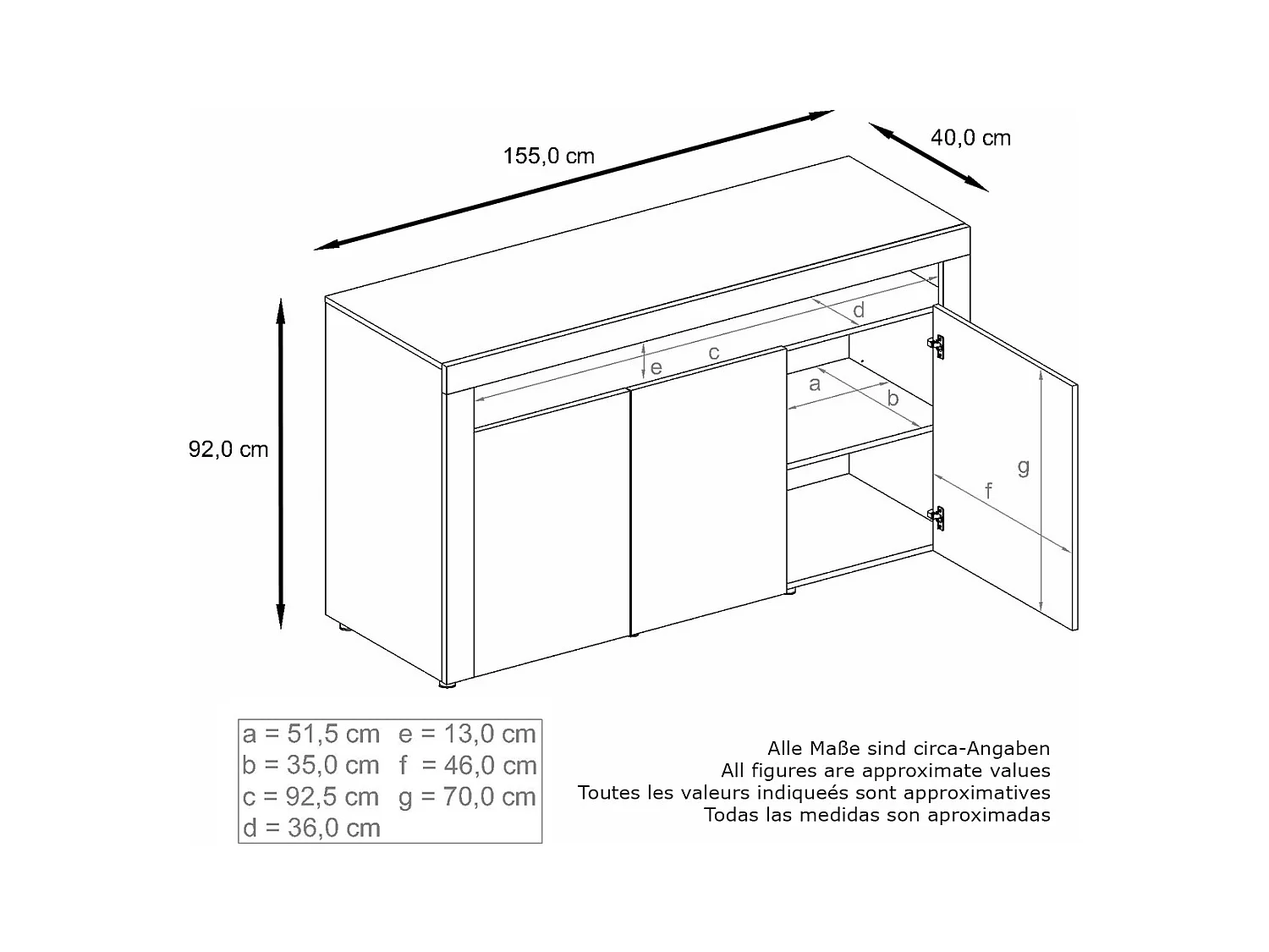 Buffet Valencia, Commode avec 3 portes et 1 compartiment ouvert, Blanc mat/Blanc brillant Calypso structure 3D/Blanc brillant (155 x 92 x 40 cm)