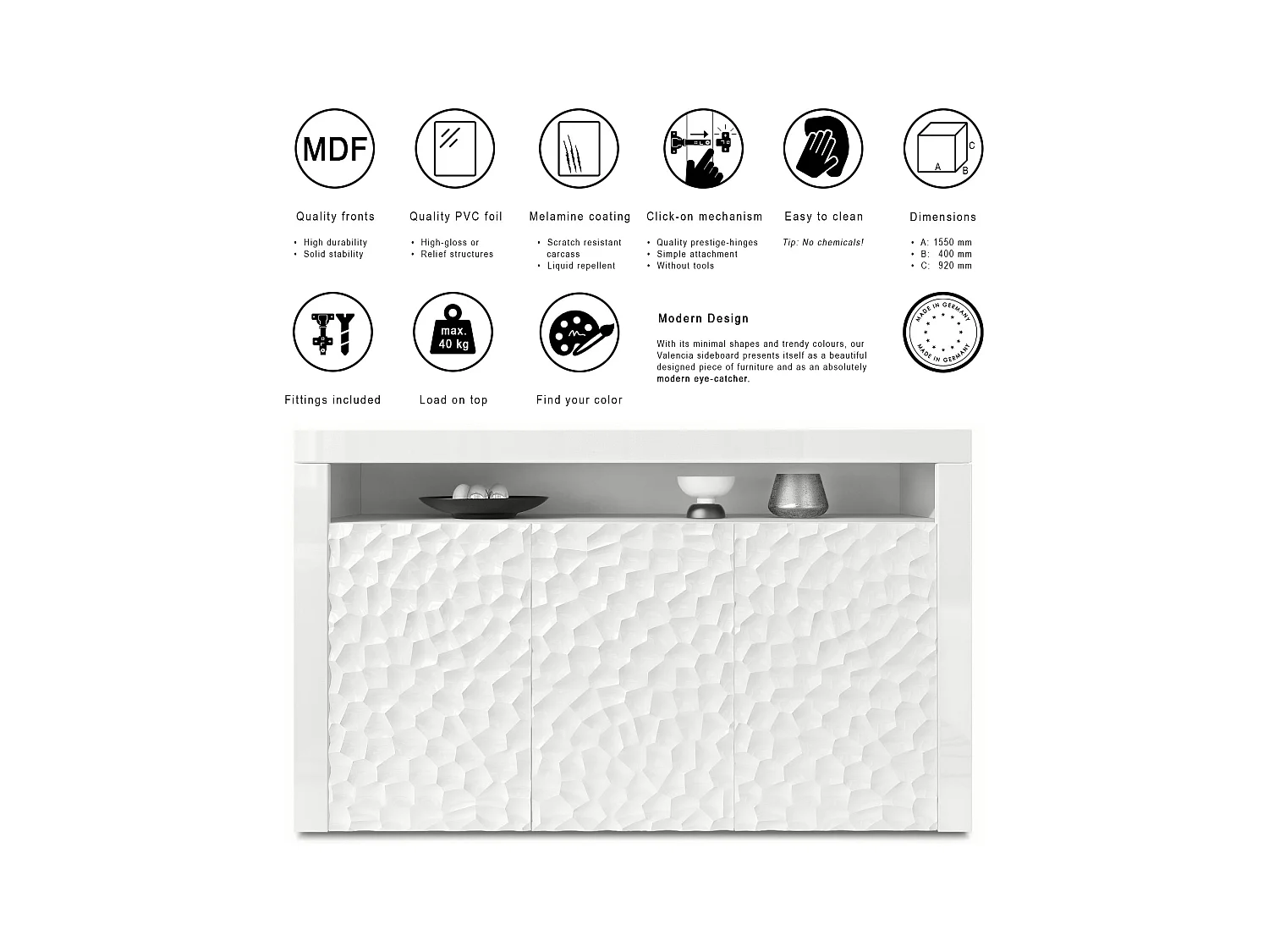 Buffet Valencia, Commode avec 3 portes et 1 compartiment ouvert, Blanc mat/Blanc brillant Calypso structure 3D/Blanc brillant (155 x 92 x 40 cm)