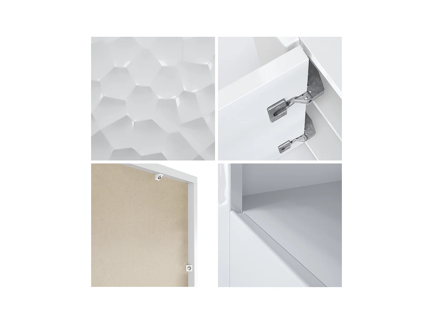 Buffet Valencia, Commode avec 3 portes et 1 compartiment ouvert, Blanc mat/Blanc brillant Calypso structure 3D/Blanc brillant (155 x 92 x 40 cm)