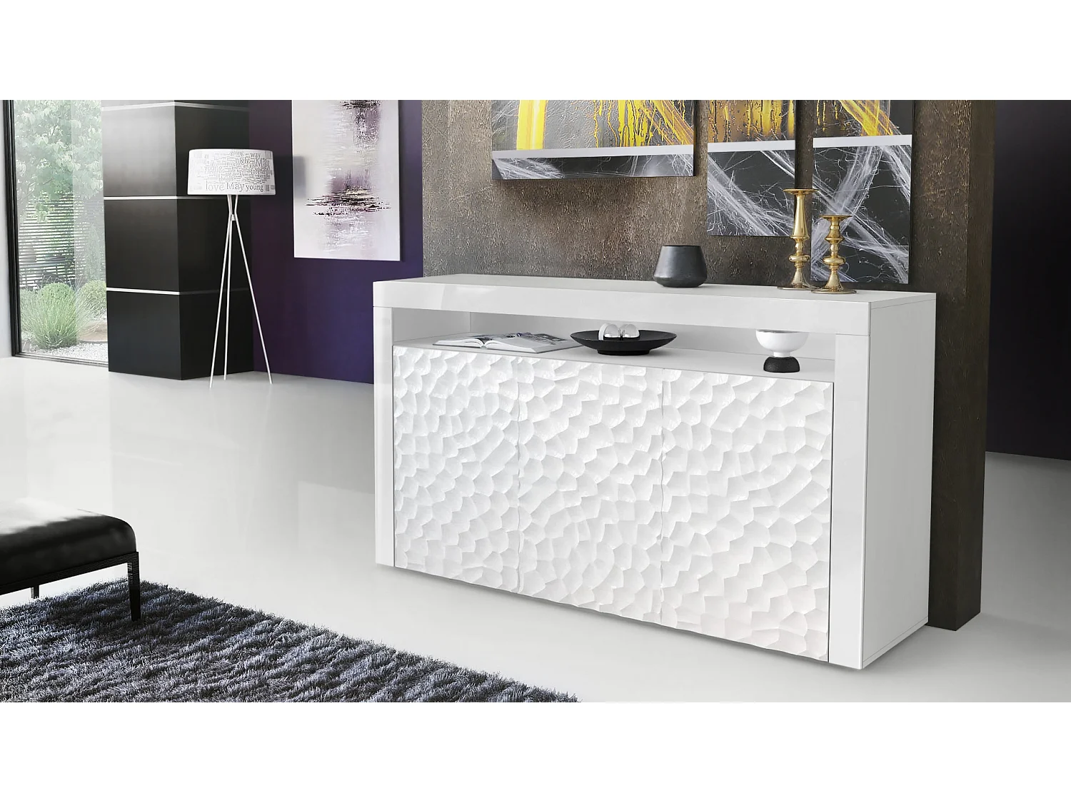SIDEBOARD Valencia Fronten in Weiß Hochglanz Calypso mit 3D Struktur