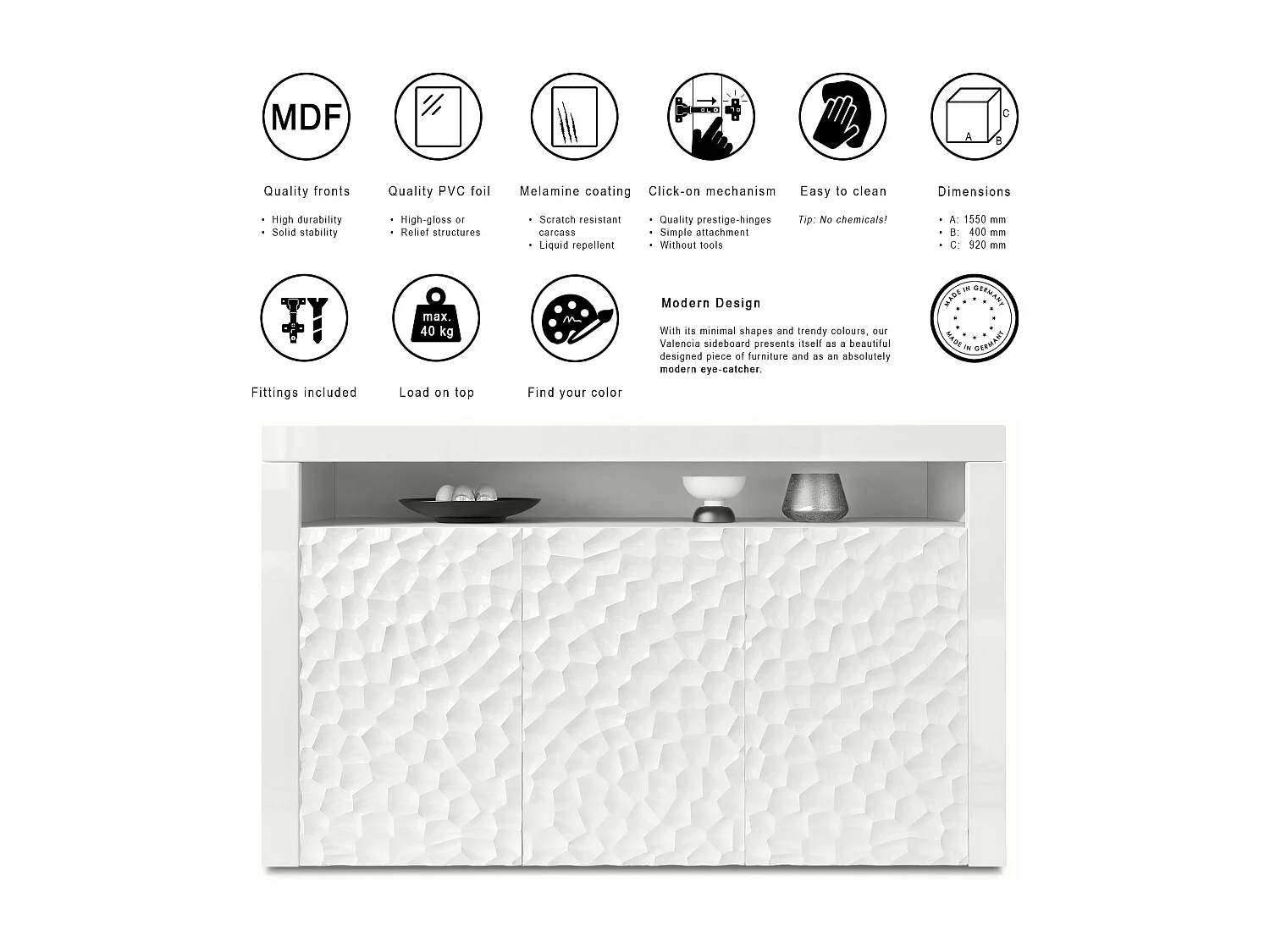 SIDEBOARD Valencia Fronten in Weiß Hochglanz Calypso mit 3D Struktur