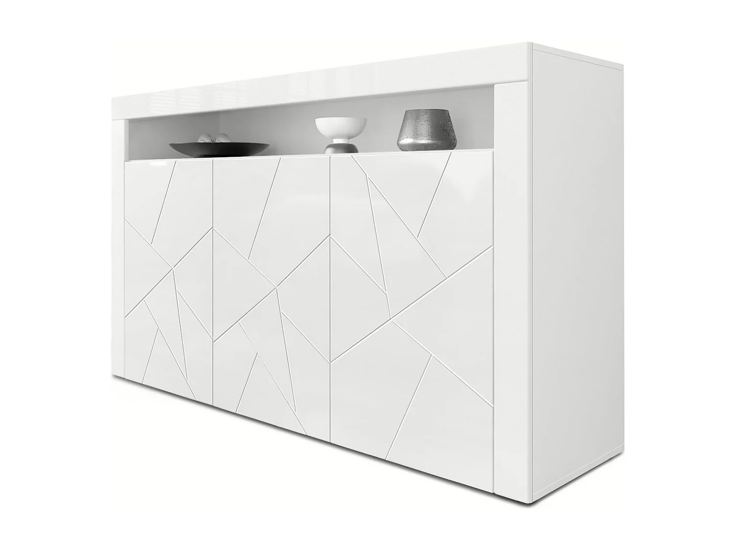 Buffet Valencia, Commode avec 3 portes et 1 compartiment ouvert, Blanc mat/Blanc brillant Element structure 3D/Blanc brillant (155 x 92 x 40 cm)