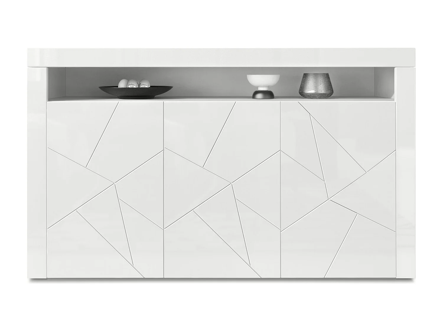 Buffet Valencia, Commode avec 3 portes et 1 compartiment ouvert, Blanc mat/Blanc brillant Element structure 3D/Blanc brillant (155 x 92 x 40 cm)