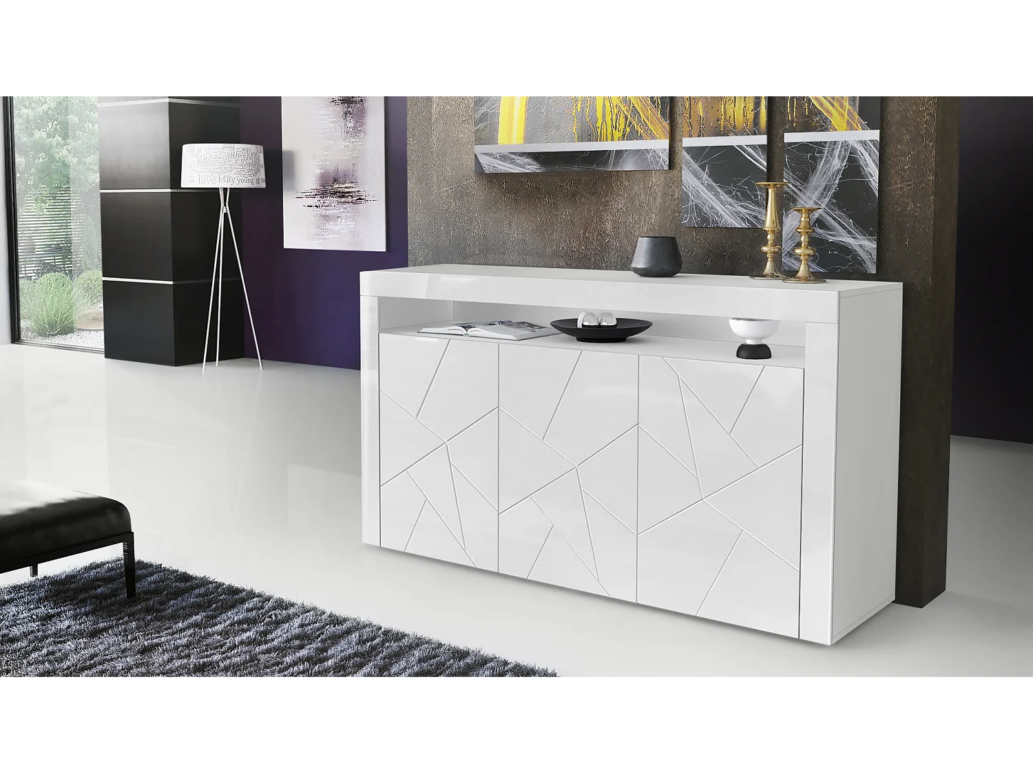 Buffet Valencia, Commode avec 3 portes et 1 compartiment ouvert, Blanc mat/Blanc brillant Element structure 3D/Blanc brillant (155 x 92 x 40 cm)