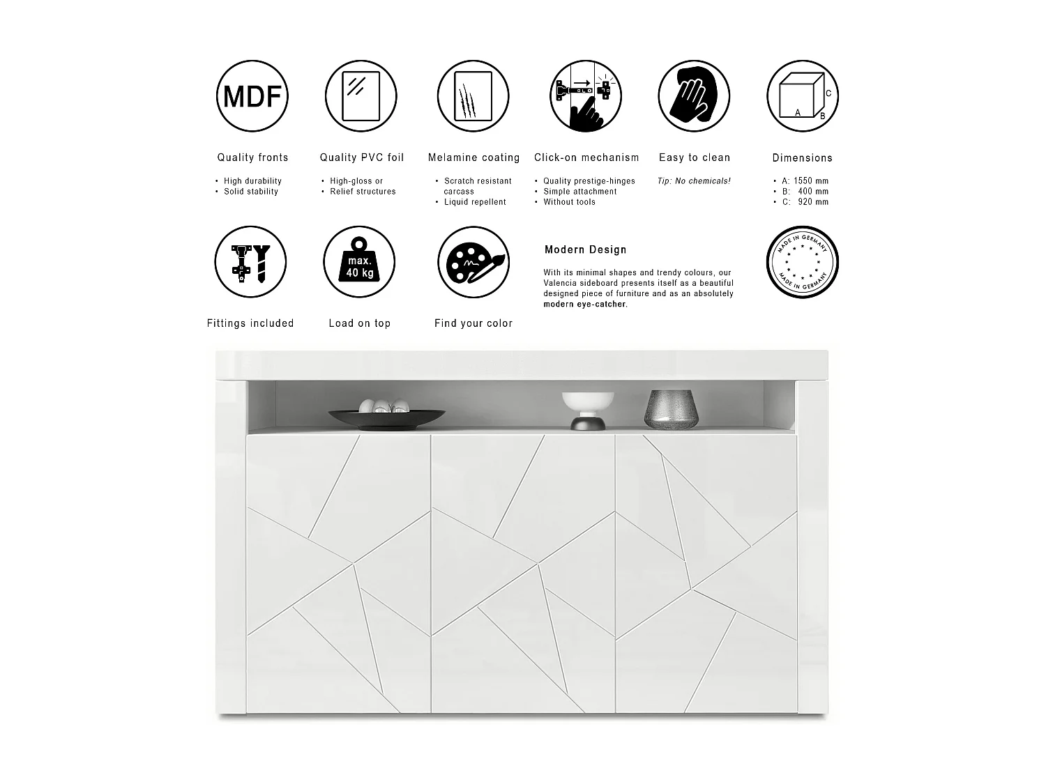 Buffet Valencia, Commode avec 3 portes et 1 compartiment ouvert, Blanc mat/Blanc brillant Element structure 3D/Blanc brillant (155 x 92 x 40 cm)