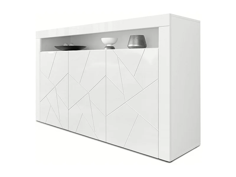 Buffet Valencia, Commode avec 3 portes et 1 compartiment ouvert, Blanc mat/Blanc brillant Element structure 3D/Blanc brillant (155 x 92 x 40 cm)