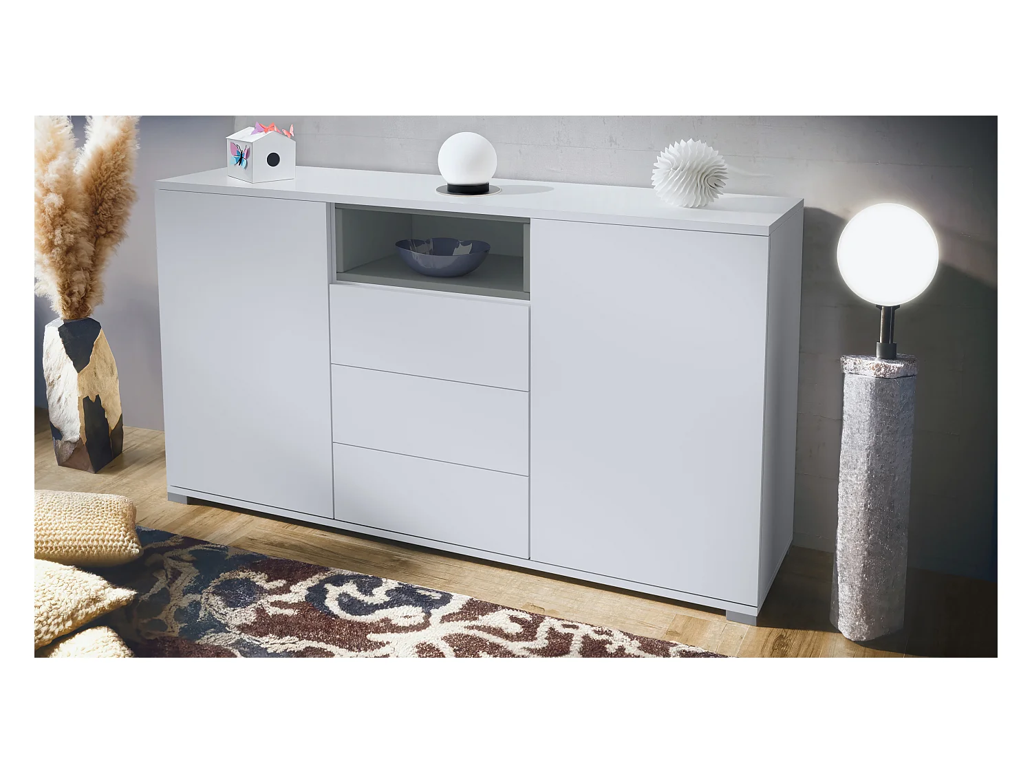 Skadu V2 Buffet, Commode avec 2 portes, 3 tiroirs et 1 compartiment ouvert, blanc mat/graphite satiné mat (138,5 x 75,5 x 35 cm)