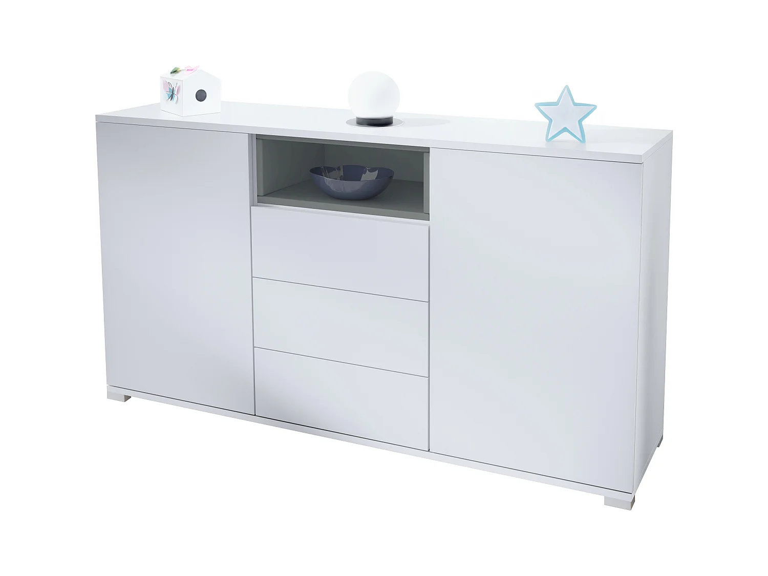 Skadu V2 Buffet, Commode avec 2 portes, 3 tiroirs et 1 compartiment ouvert, blanc mat/graphite satiné mat (138,5 x 75,5 x 35 cm)