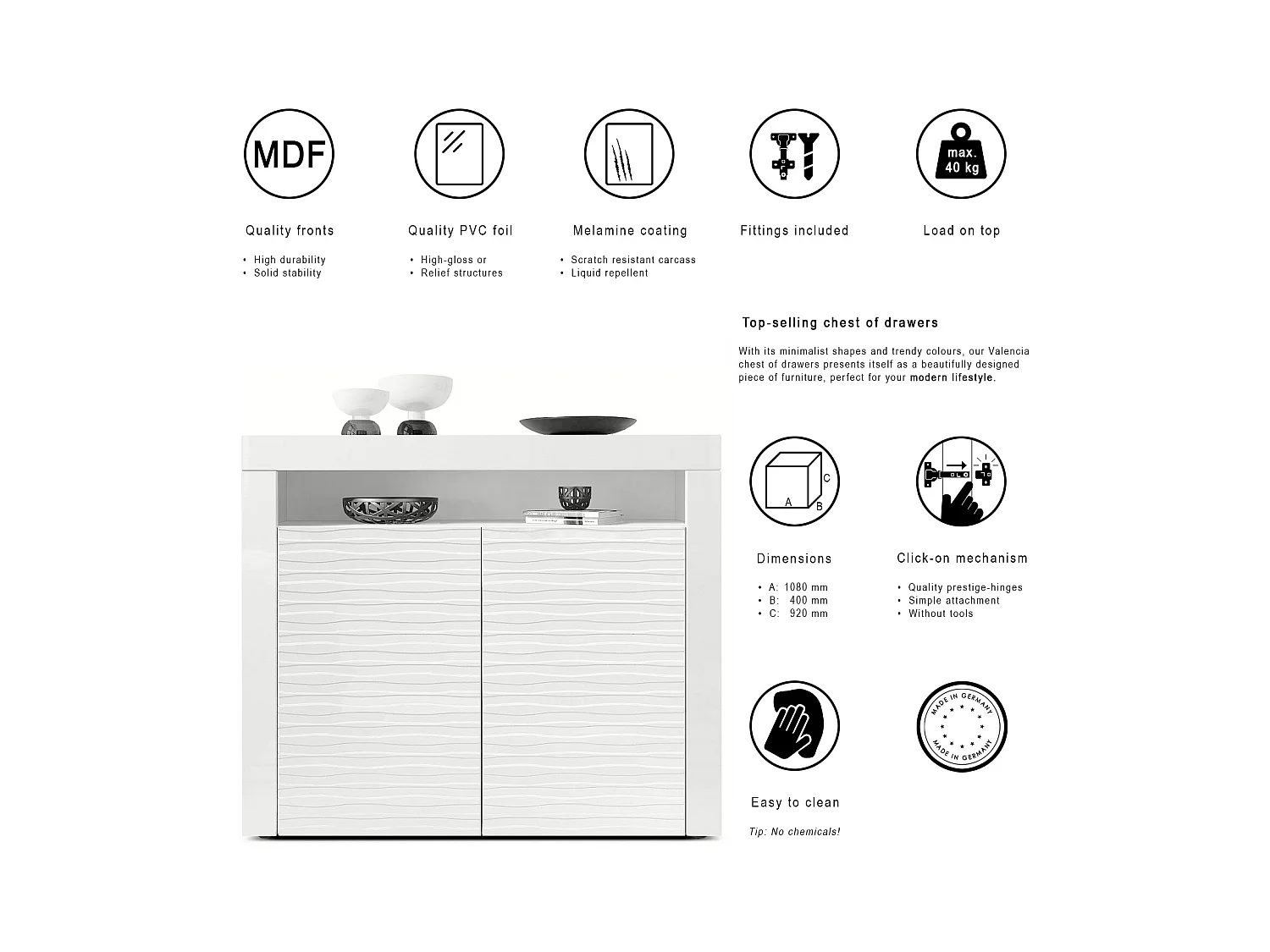 SIDEBOARD Valencia Fronten in Weiß Hochglanz Harmony mit 3D Struktur