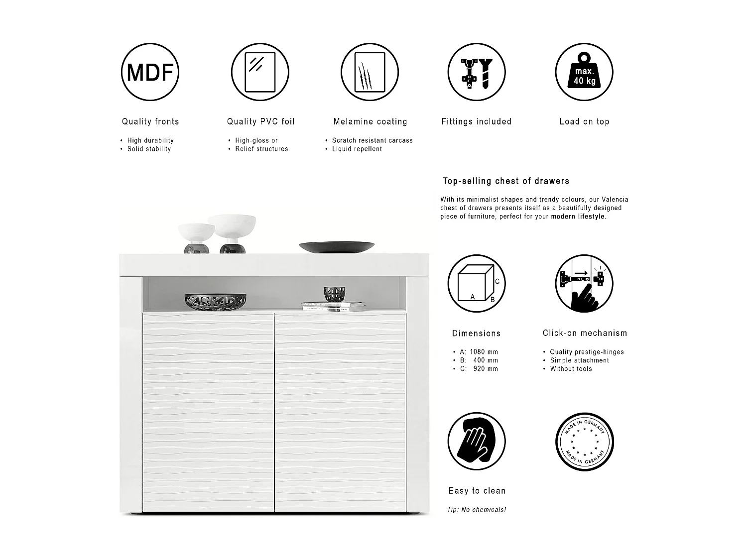 Vladon Credenza Valencia con 2 ante e 1 vano aperto, Bianco opaco/Bianco lucido Harmony con struttura 3D/Bianco lucido (108 x 92 x 40 cm)