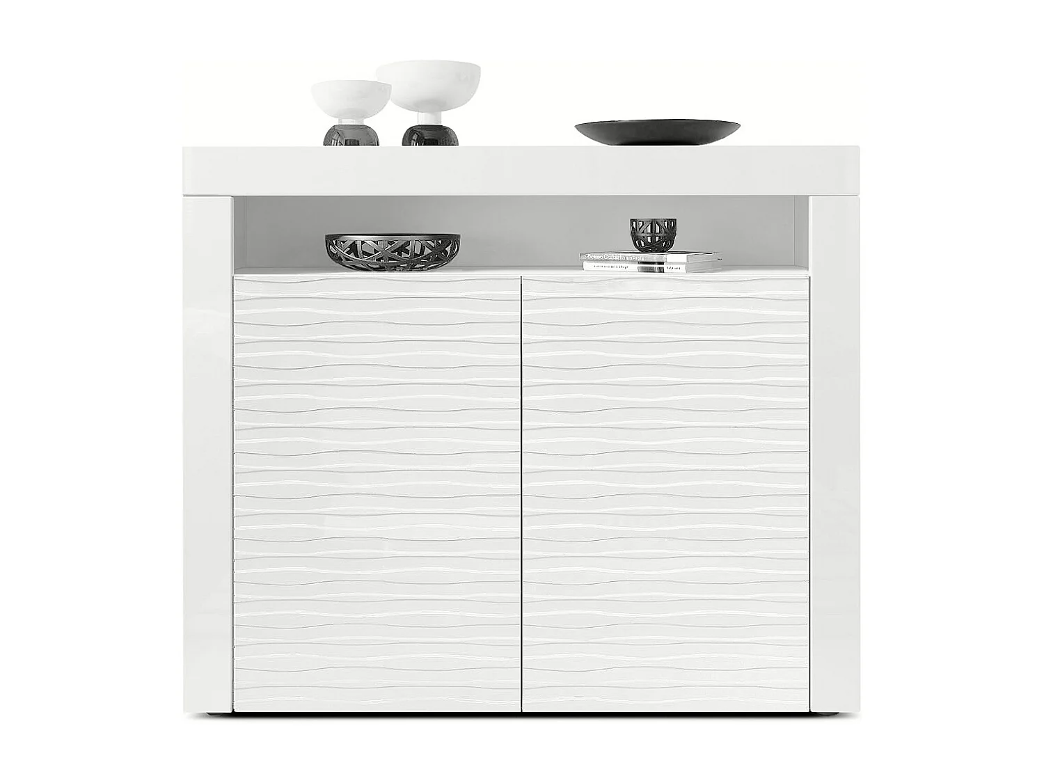 Vladon Credenza Valencia con 2 ante e 1 vano aperto, Bianco opaco/Bianco lucido Harmony con struttura 3D/Bianco lucido (108 x 92 x 40 cm)