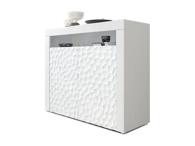 Buffet Valencia, Commode avec 2 portes et 1 compartiment ouvert, Blanc mat/Blanc brillant Calypso structure 3D/Blanc brillant (108 x 92 x 40 cm)