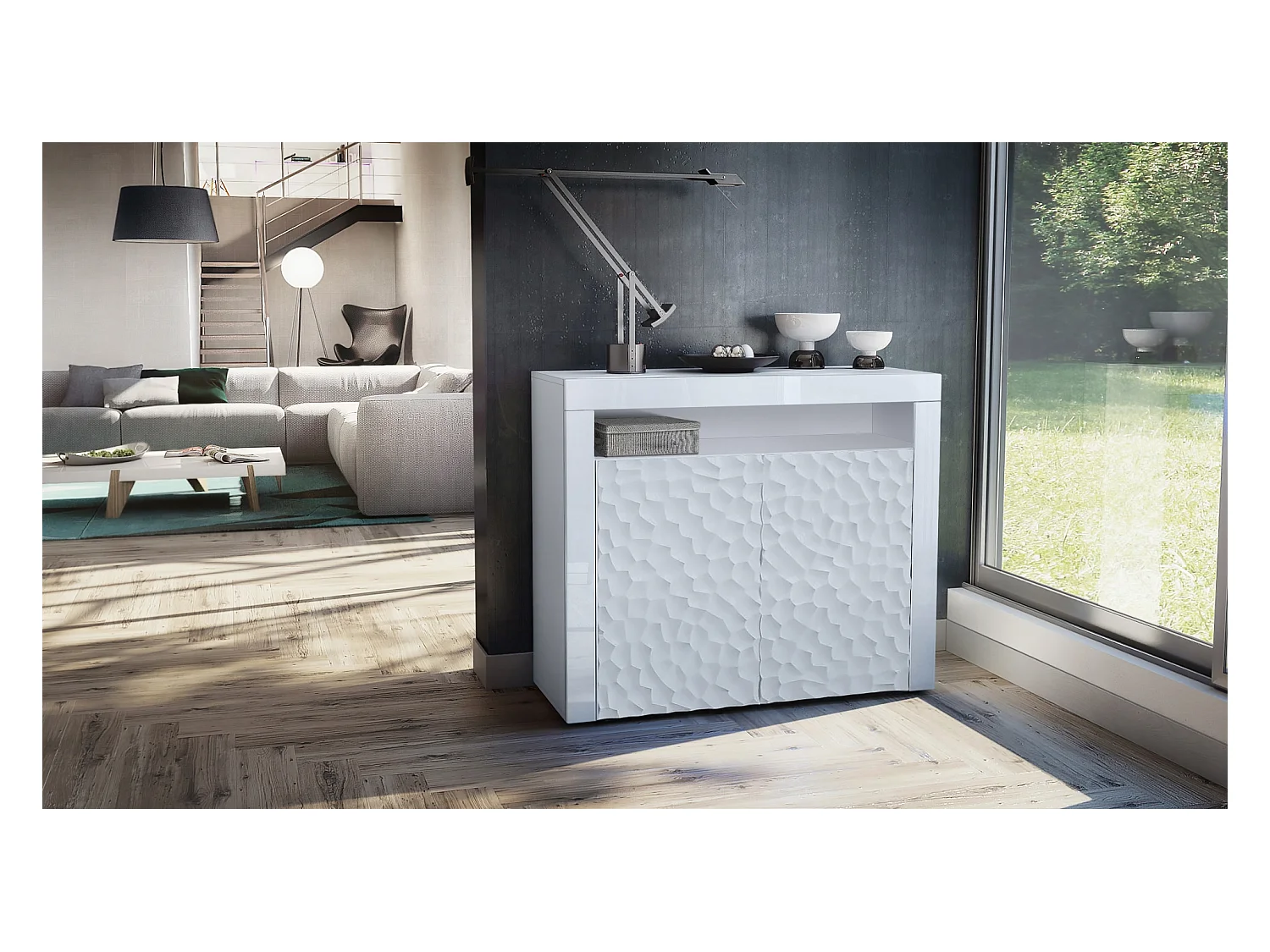 SIDEBOARD Valencia Fronten in Weiß Hochglanz Calypso mit 3D Struktur