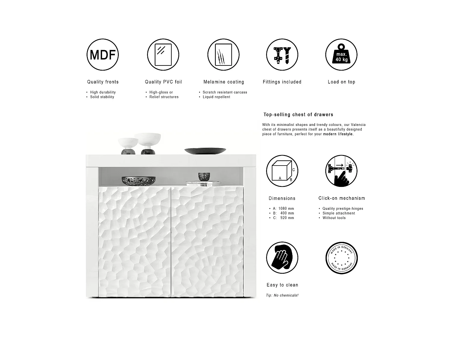 SIDEBOARD Valencia Fronten in Weiß Hochglanz Calypso mit 3D Struktur