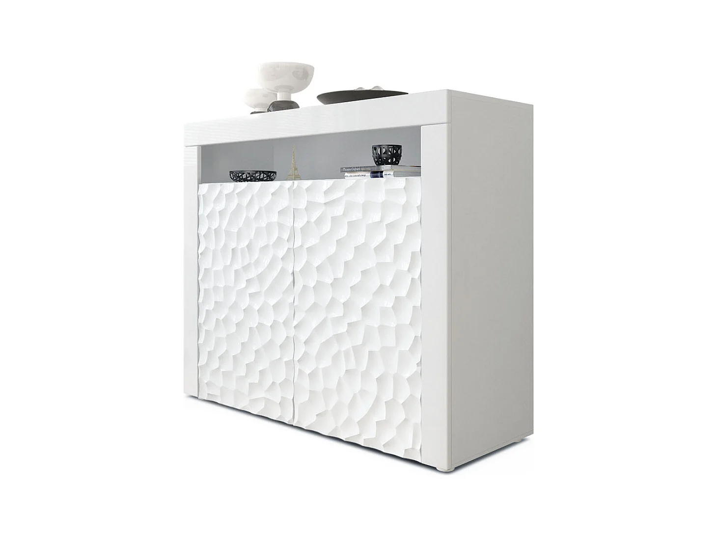 Buffet Valencia, Commode avec 2 portes et 1 compartiment ouvert, Blanc mat/Blanc brillant Calypso structure 3D/Blanc brillant (108 x 92 x 40 cm)