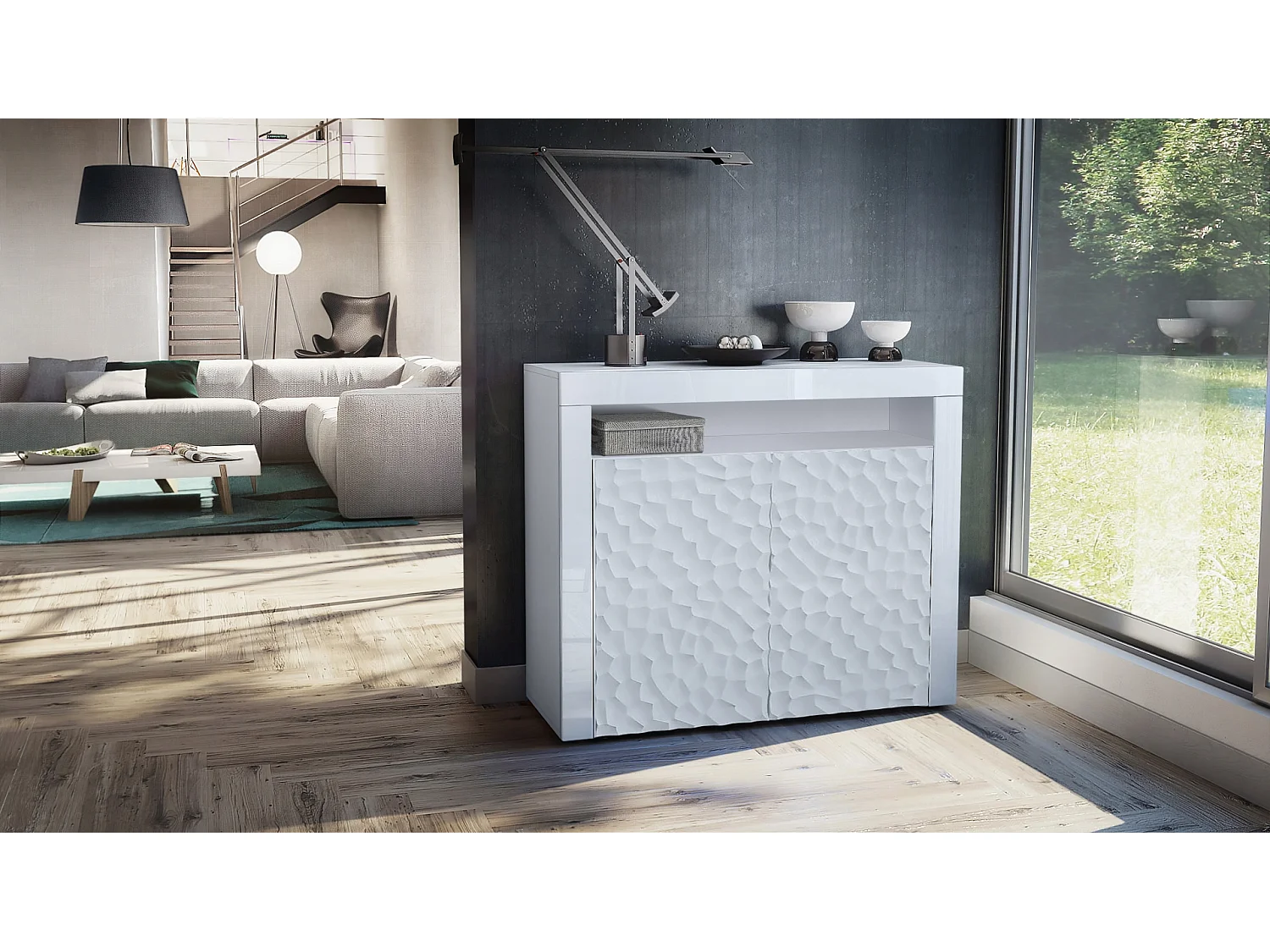 SIDEBOARD Valencia Fronten in Weiß Hochglanz Calypso mit 3D Struktur