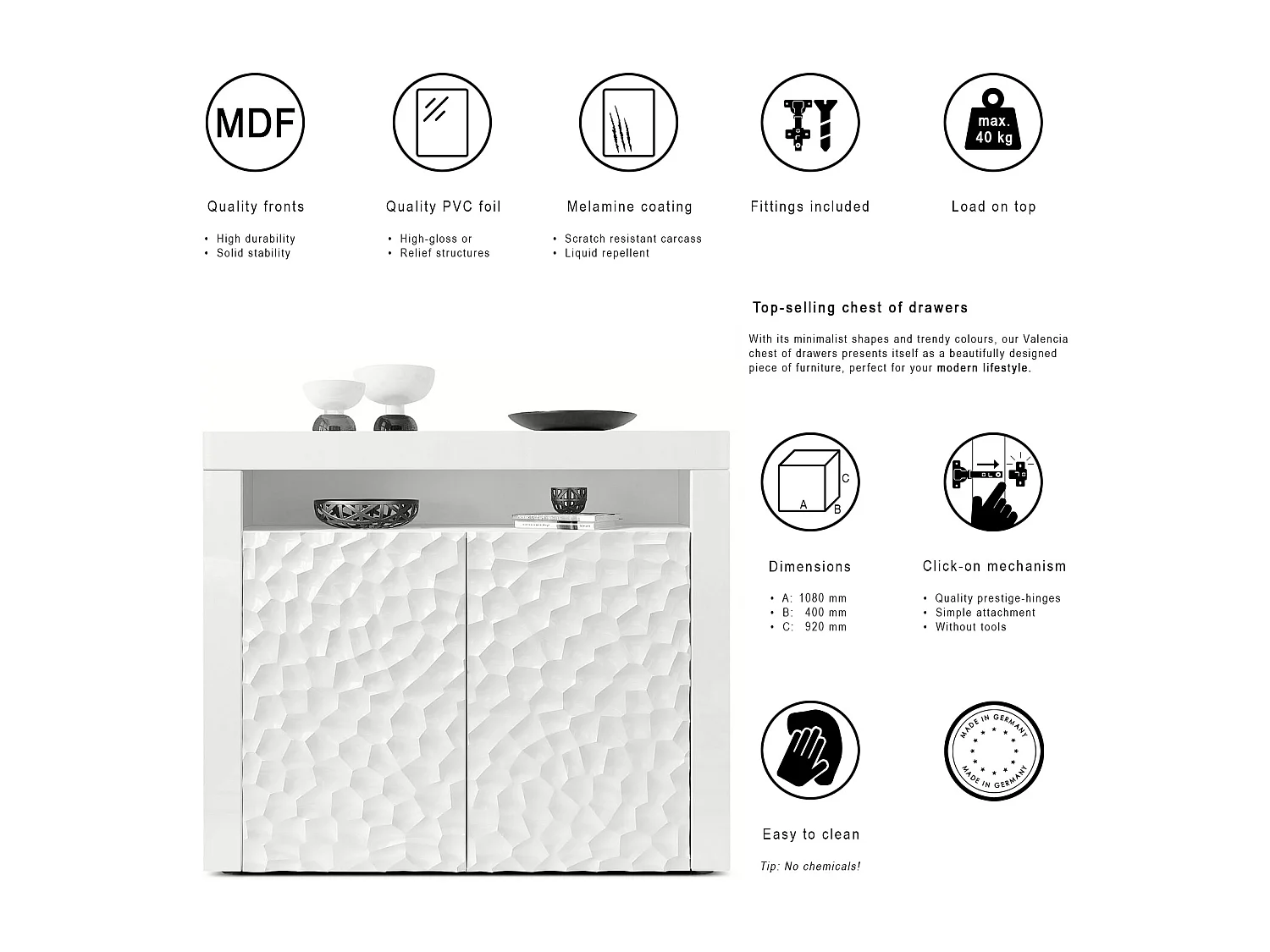 SIDEBOARD Valencia Fronten in Weiß Hochglanz Calypso mit 3D Struktur