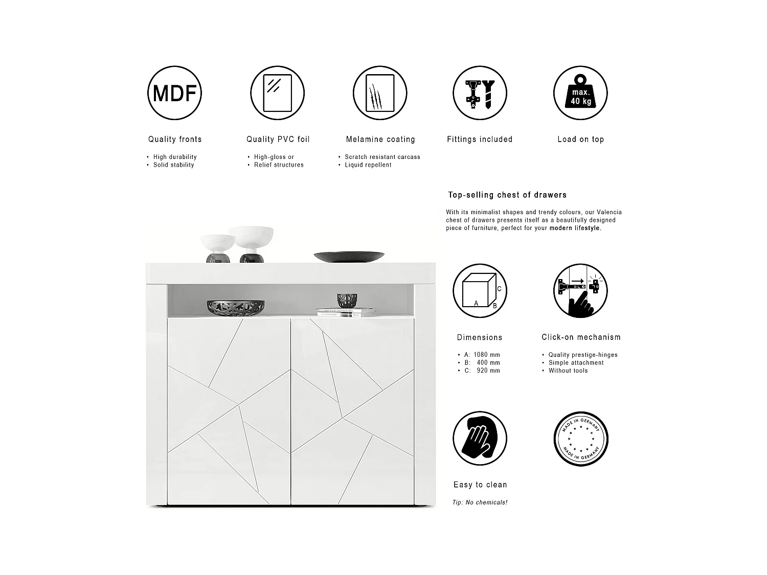 SIDEBOARD Valencia Fronten in Weiß Hochglanz Element mit 3D Struktur