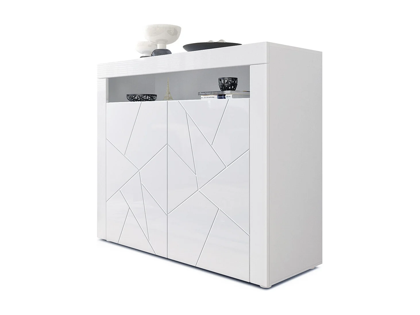 Buffet Valencia, Commode avec 2 portes et 1 compartiment ouvert, Blanc mat/Blanc brillant Element structure 3D/Blanc brillant (108 x 92 x 40 cm)