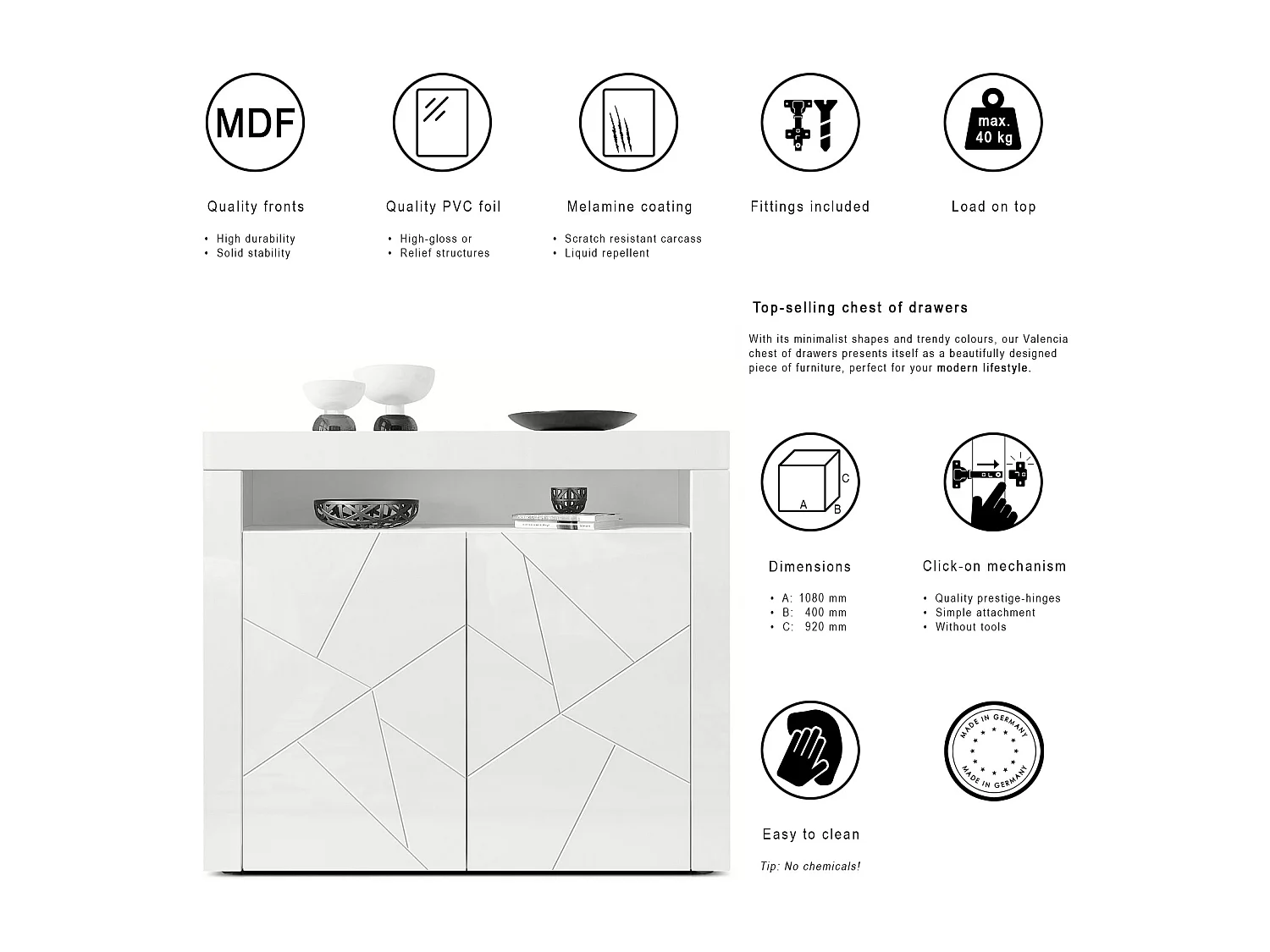 Buffet Valencia, Commode avec 2 portes et 1 compartiment ouvert, Blanc mat/Blanc brillant Element structure 3D/Blanc brillant (108 x 92 x 40 cm)