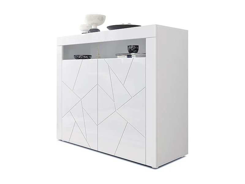 Buffet Valencia, Commode avec 2 portes et 1 compartiment ouvert, Blanc mat/Blanc brillant Element structure 3D/Blanc brillant (108 x 92 x 40 cm)