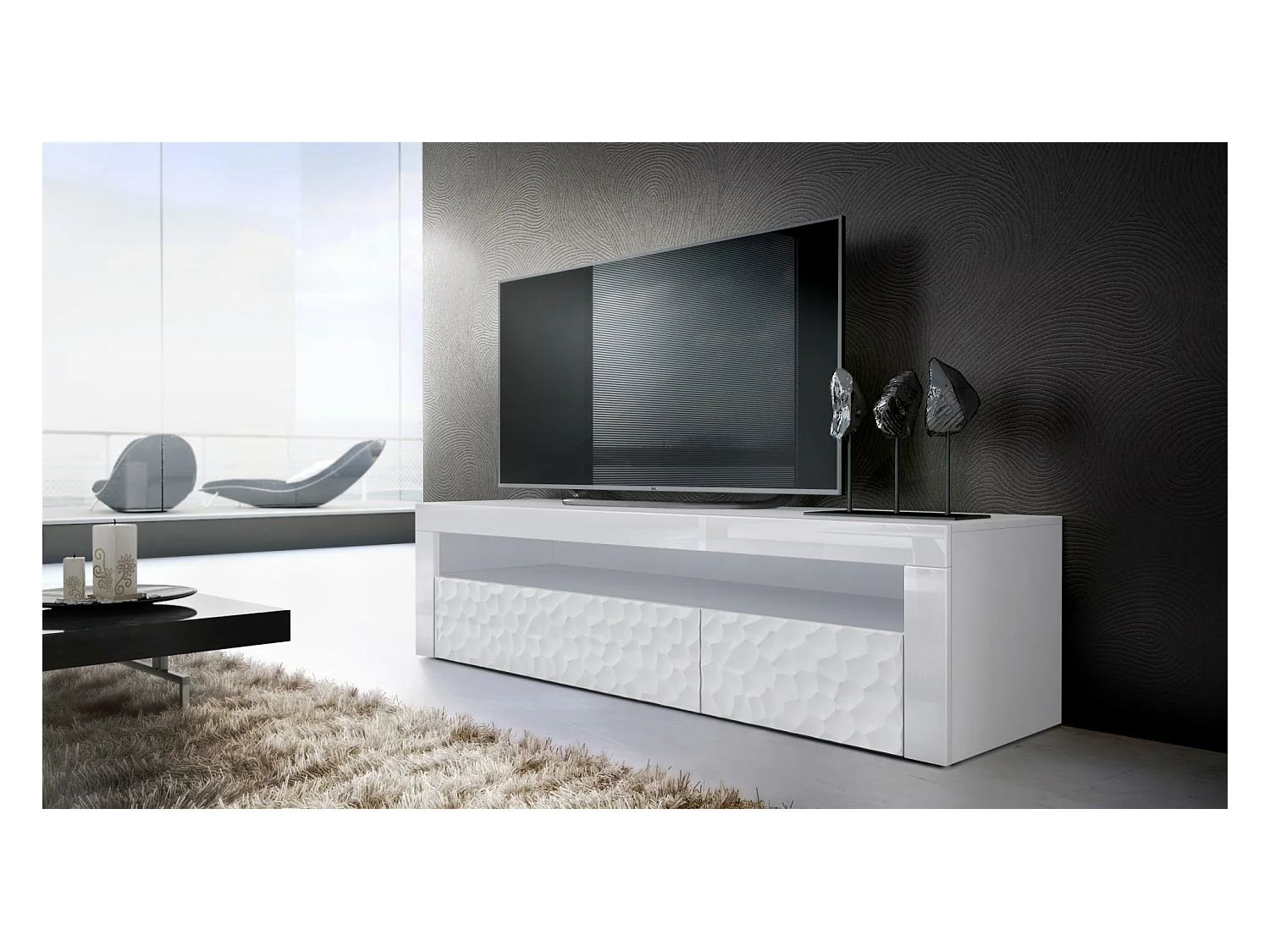 SIDEBOARD Valencia Fronten in Weiß Hochglanz Calypso mit 3D Struktur