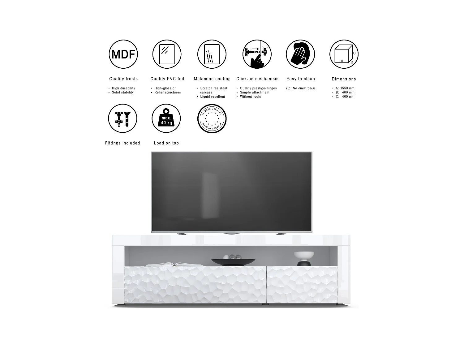 SIDEBOARD Valencia Fronten in Weiß Hochglanz Calypso mit 3D Struktur