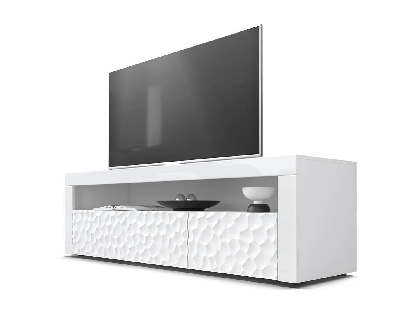 Mobiletto  Valencia, mobile TV con 1 vano a giorno e 2 ante a ribalta, struttura 3D Calypso bianco/bianco lucido/bianco lucido (155 x 46 x 40 cm)