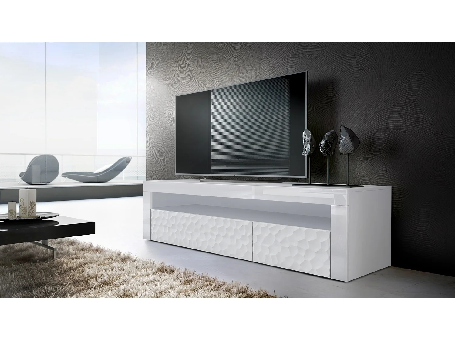 Mobiletto  Valencia, mobile TV con 1 vano a giorno e 2 ante a ribalta, struttura 3D Calypso bianco/bianco lucido/bianco lucido (155 x 46 x 40 cm)