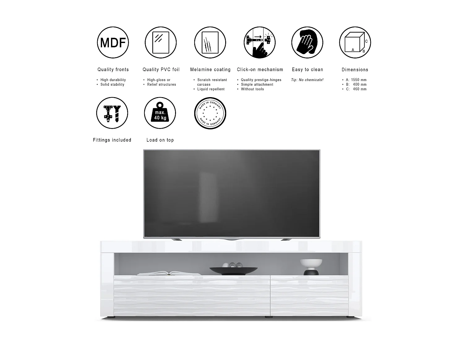 SIDEBOARD Valencia Fronten in Weiß Hochglanz Harmony mit 3D Struktur