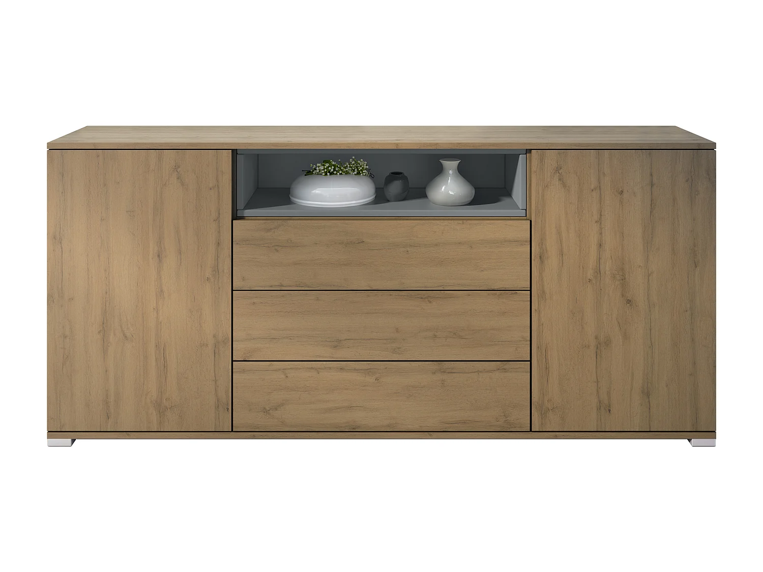 Skadu V4 Buffet, Commode avec 2 portes, 3 tiroirs et 1 compartiment ouvert, Chêne Evoke/graphite satiné mat (166,5 x 75,5 x 35 cm)