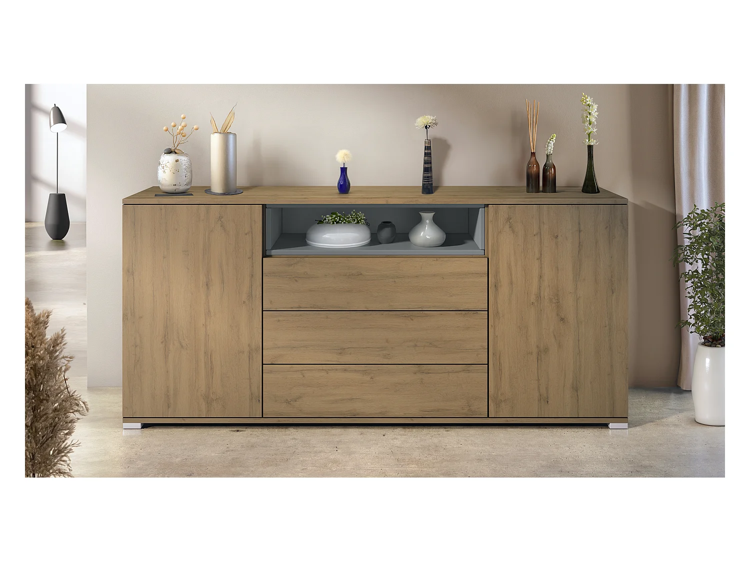 Skadu V4 Buffet, Commode avec 2 portes, 3 tiroirs et 1 compartiment ouvert, Chêne Evoke/graphite satiné mat (166,5 x 75,5 x 35 cm)