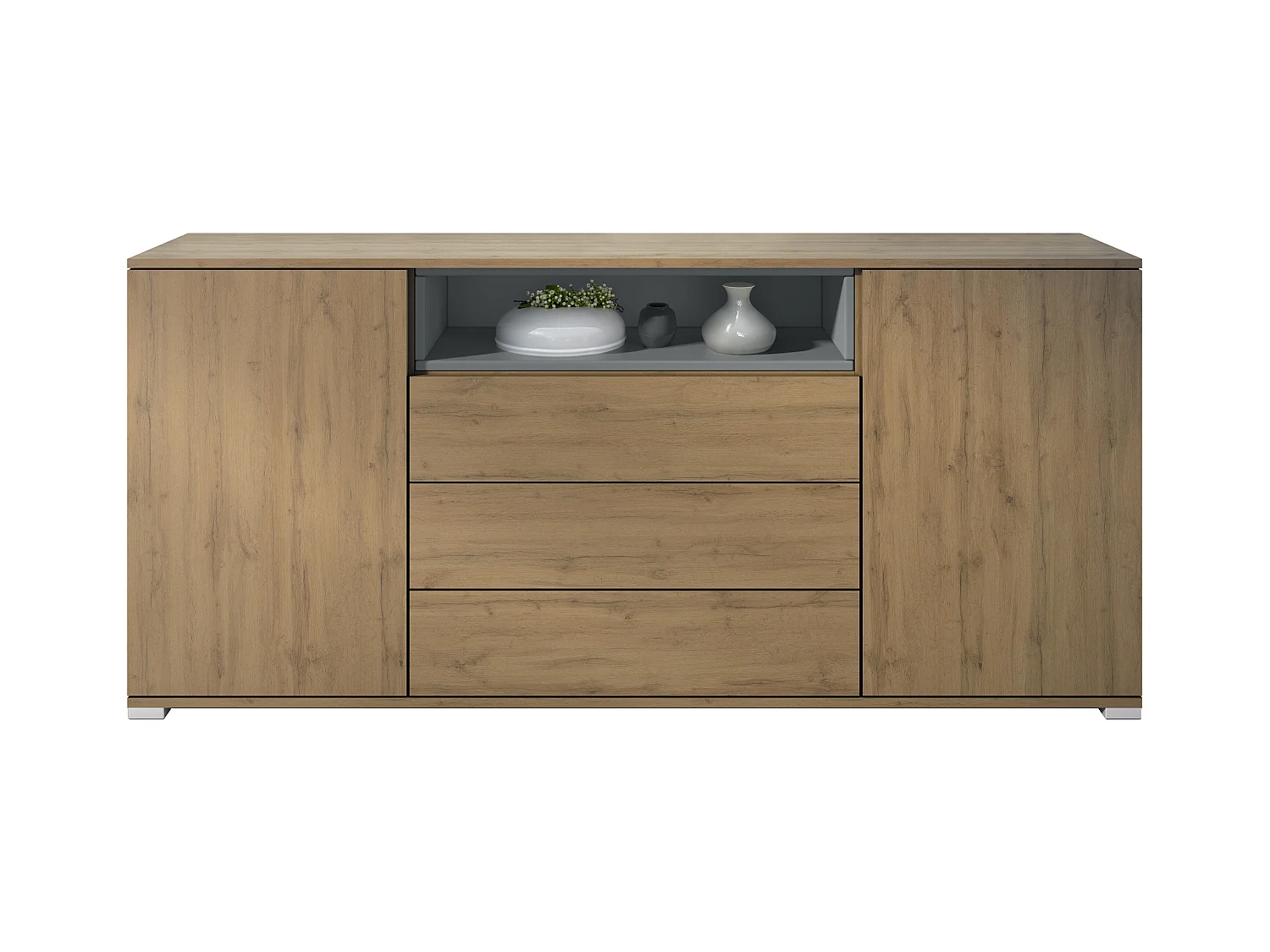Skadu V4 Buffet, Commode avec 2 portes, 3 tiroirs et 1 compartiment ouvert, Chêne Evoke/graphite satiné mat (166,5 x 75,5 x 35 cm)