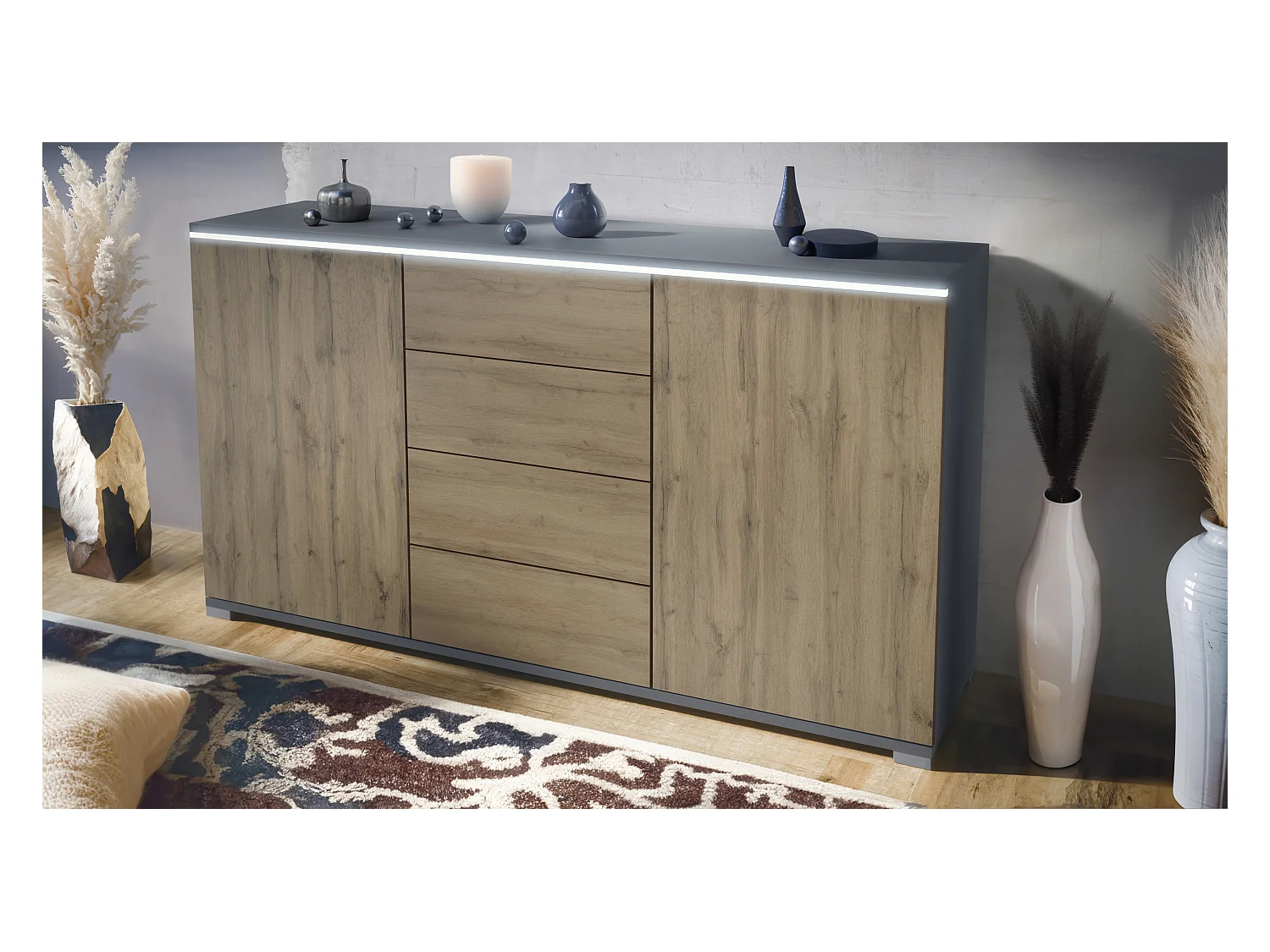 Buffet Faro V1 – Meuble avec 2 Portes & 4 Tiroirs, Armoire avec Bande LED Lumineuse, anthracite mat / Chêne Evoke (138,5 x 75,5 x 35)