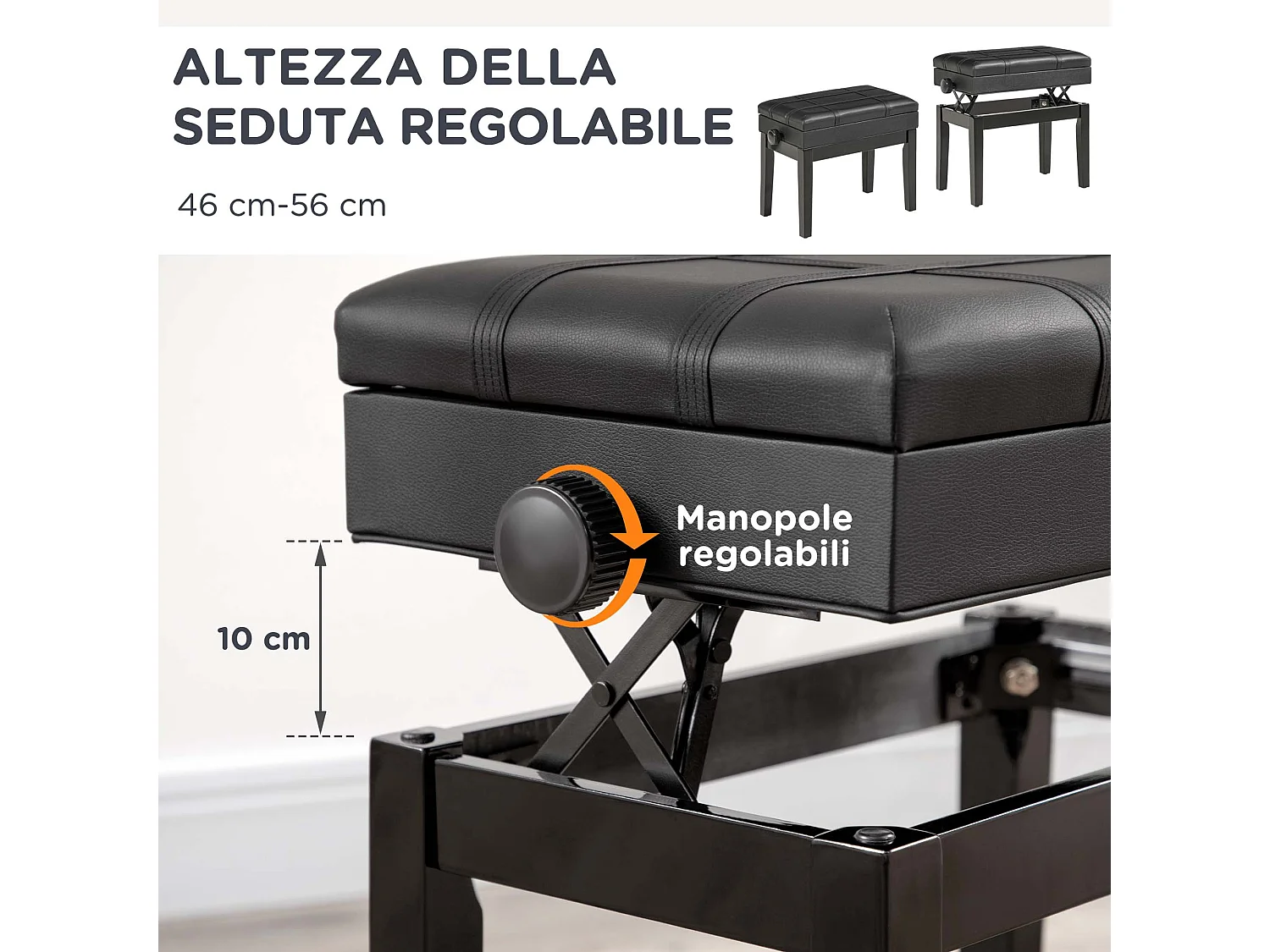 Sgabello per pianoforte con altezza regolabile e vano contenitore nero