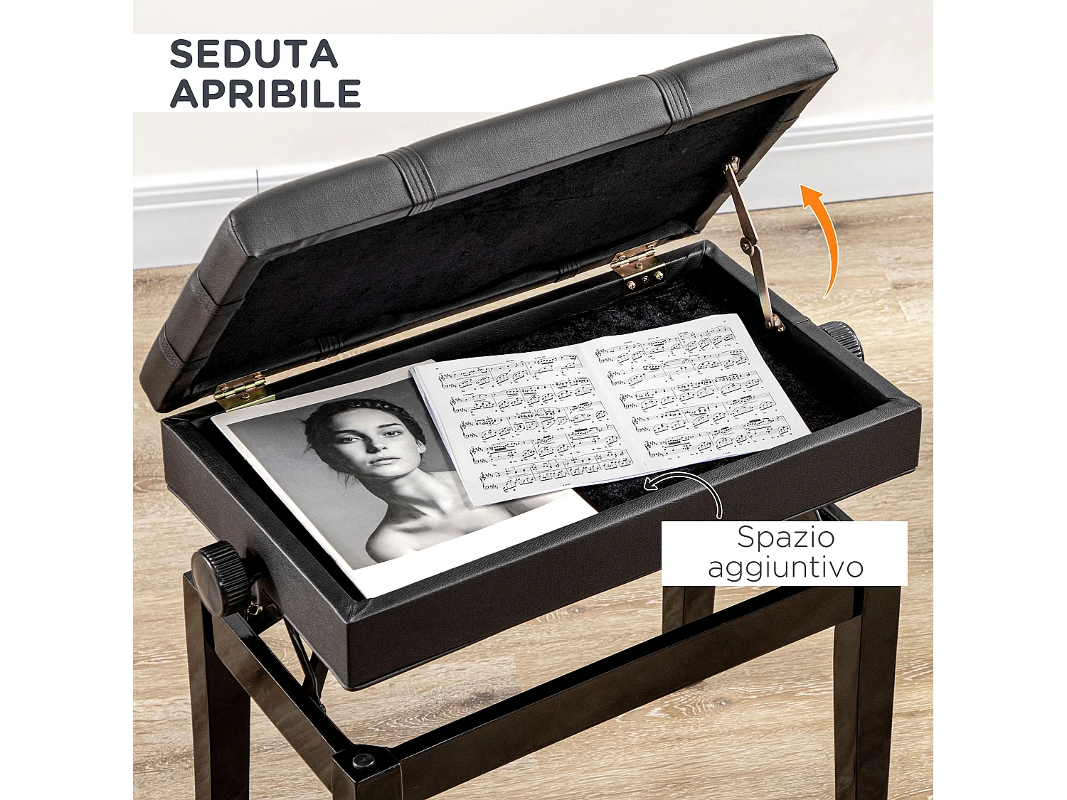 Sgabello per pianoforte con altezza regolabile e vano contenitore nero