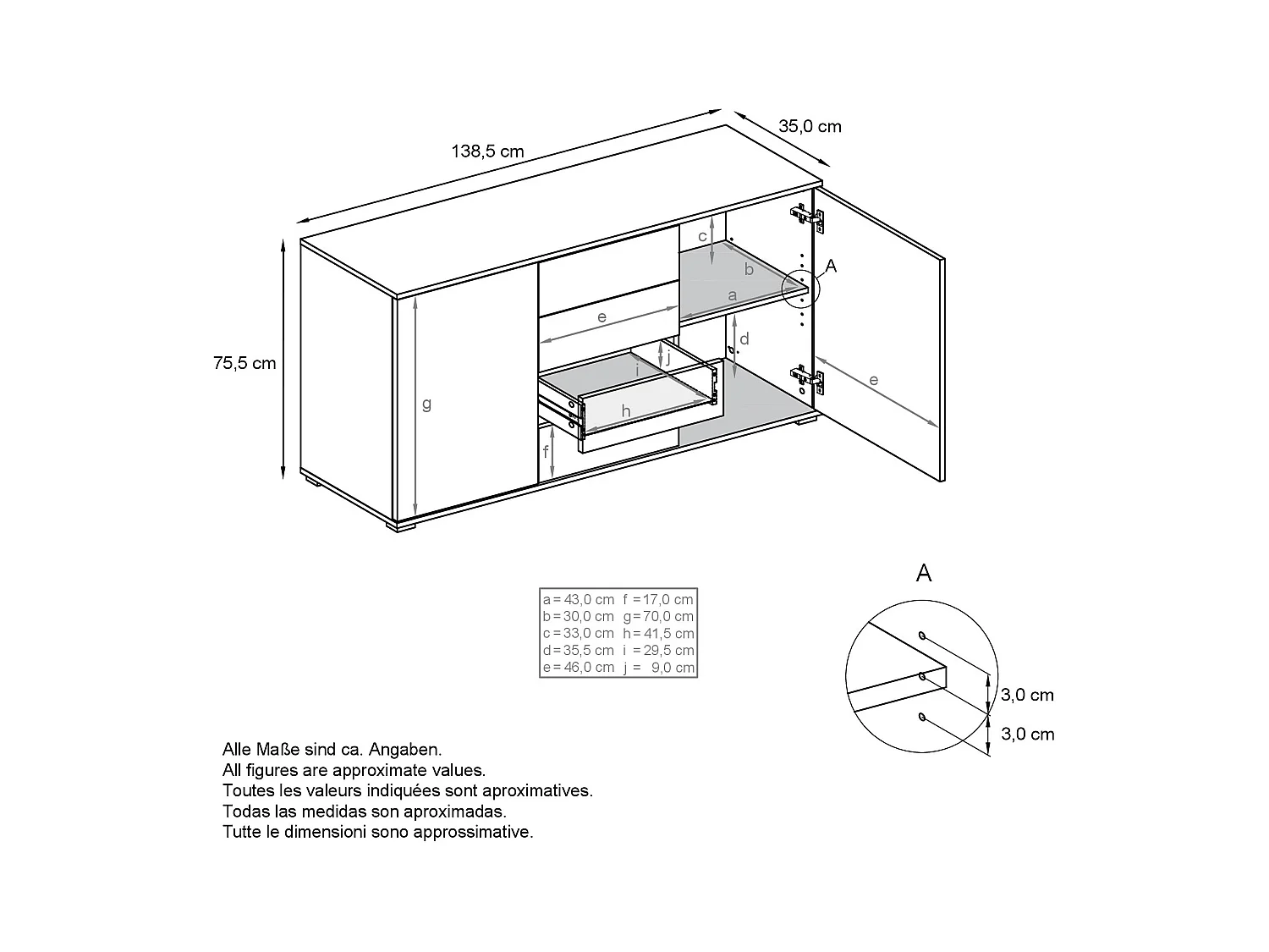 Buffet Santo V1, Enfilade avec 2 portes et 4 tiroirs, blanc mat / Chêne Evoke (138,5 x 75,5 x 35 cm)