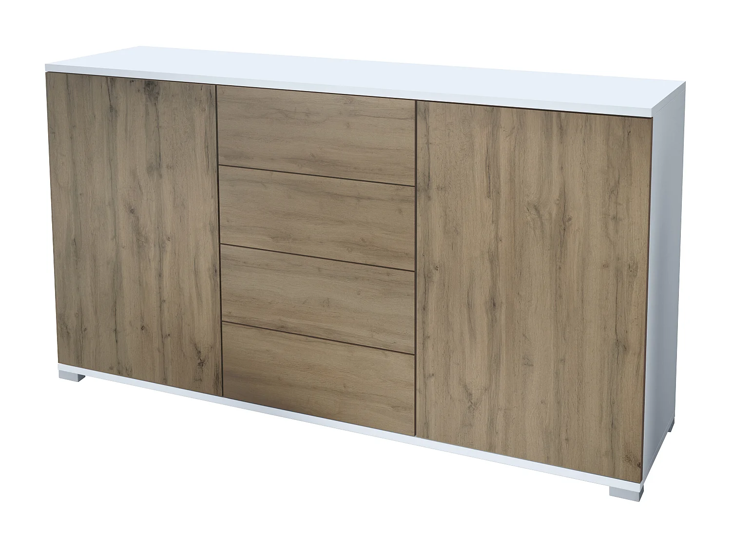 Buffet Santo V1, Enfilade avec 2 portes et 4 tiroirs, blanc mat / Chêne Evoke (138,5 x 75,5 x 35 cm)