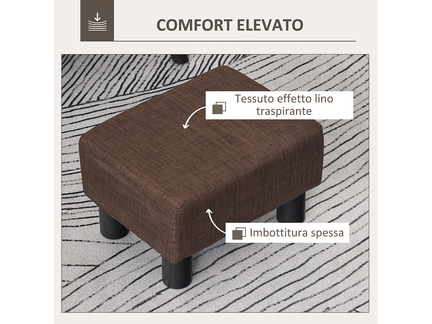 Pouf poggiapiedi imbottito con rivestimento in tessuto marrone