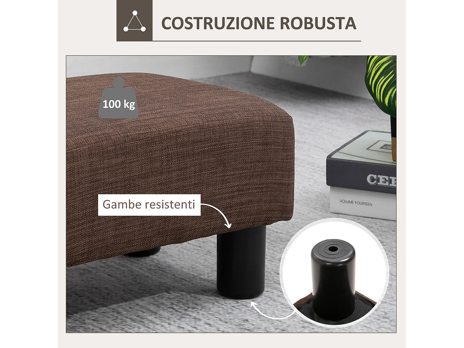 Pouf poggiapiedi imbottito con rivestimento in tessuto marrone