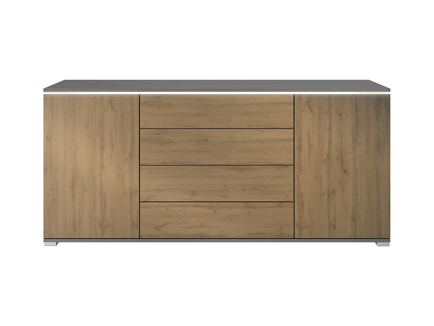 Buffet Faro V2 – Meuble avec 2 Portes & 4 Tiroirs, Armoire avec Bande LED Lumineuse, anthracite mat / Chêne Evoke (166,5 x 75,5 x 35)