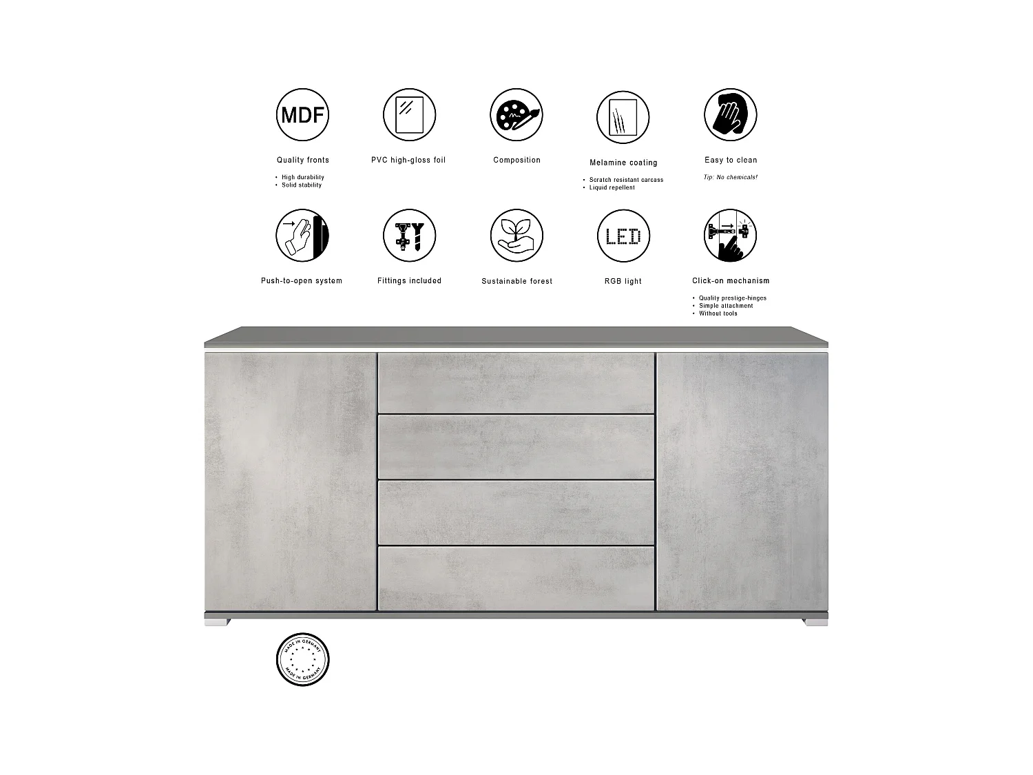 Buffet Faro V2 – Meuble avec 2 Portes & 4 Tiroirs, Armoire avec Bande LED Lumineuse, anthracite mat / Chêne Evoke (166,5 x 75,5 x 35)