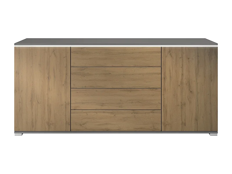 Buffet Faro V2 – Meuble avec 2 Portes & 4 Tiroirs, Armoire avec Bande LED Lumineuse, anthracite mat / Chêne Evoke (166,5 x 75,5 x 35)